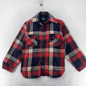 Vintage Brewster Plaid Wool Blend Flannel Shirt Mens Small Red Navy Western 80s